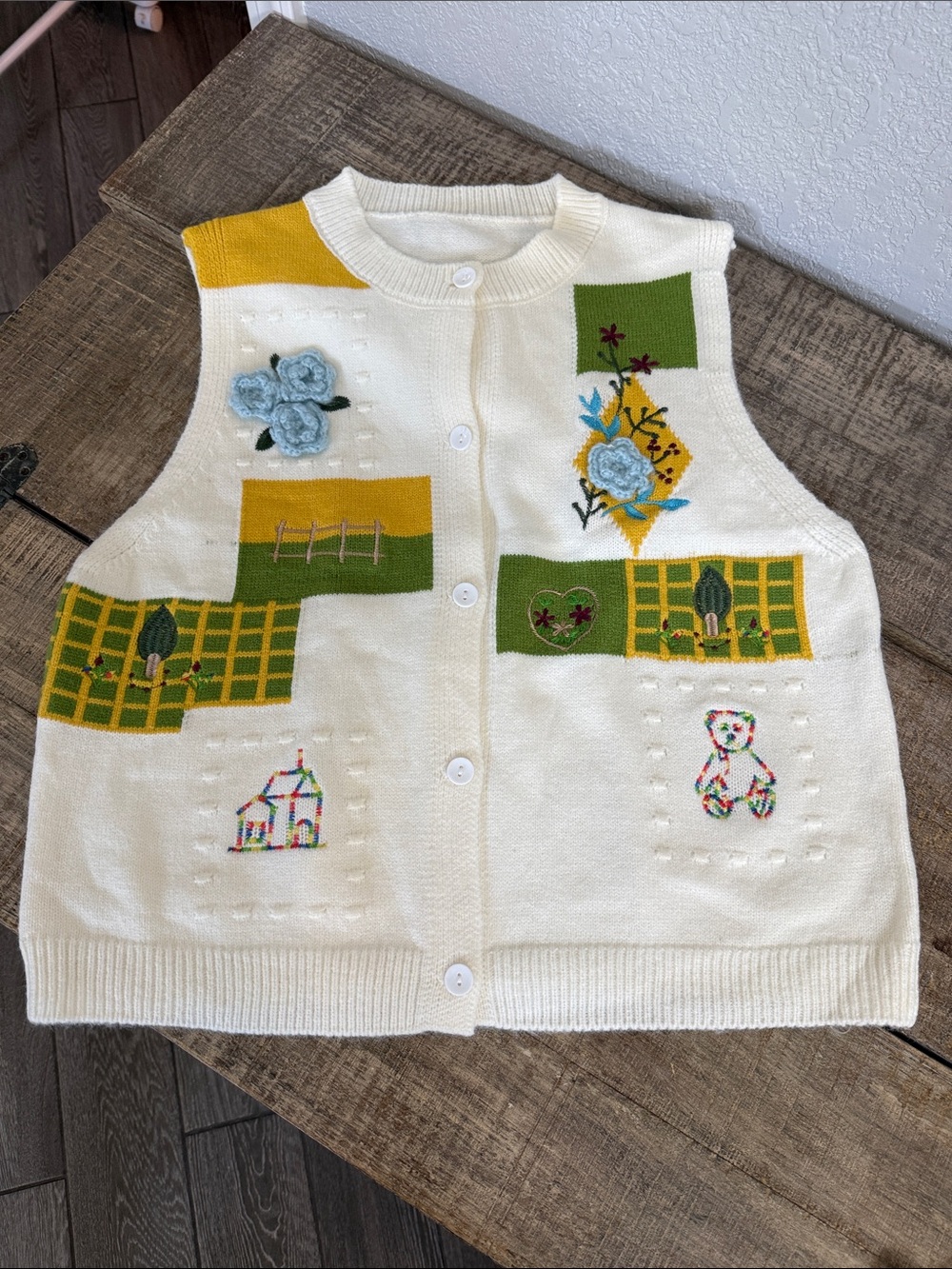 Women’s Cream Embroidered Button-Up Vest with Green & Yellow Accents